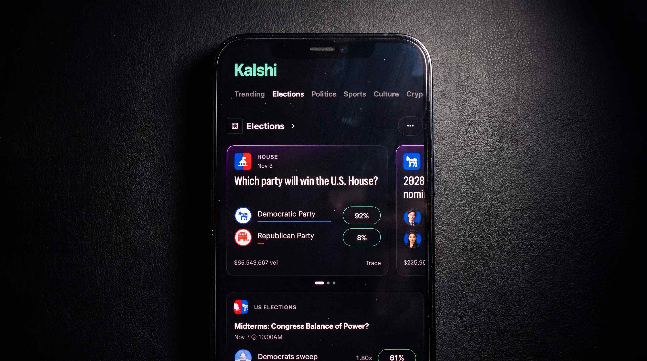 Midterm odds on Kalshi displayed on a mobile home
